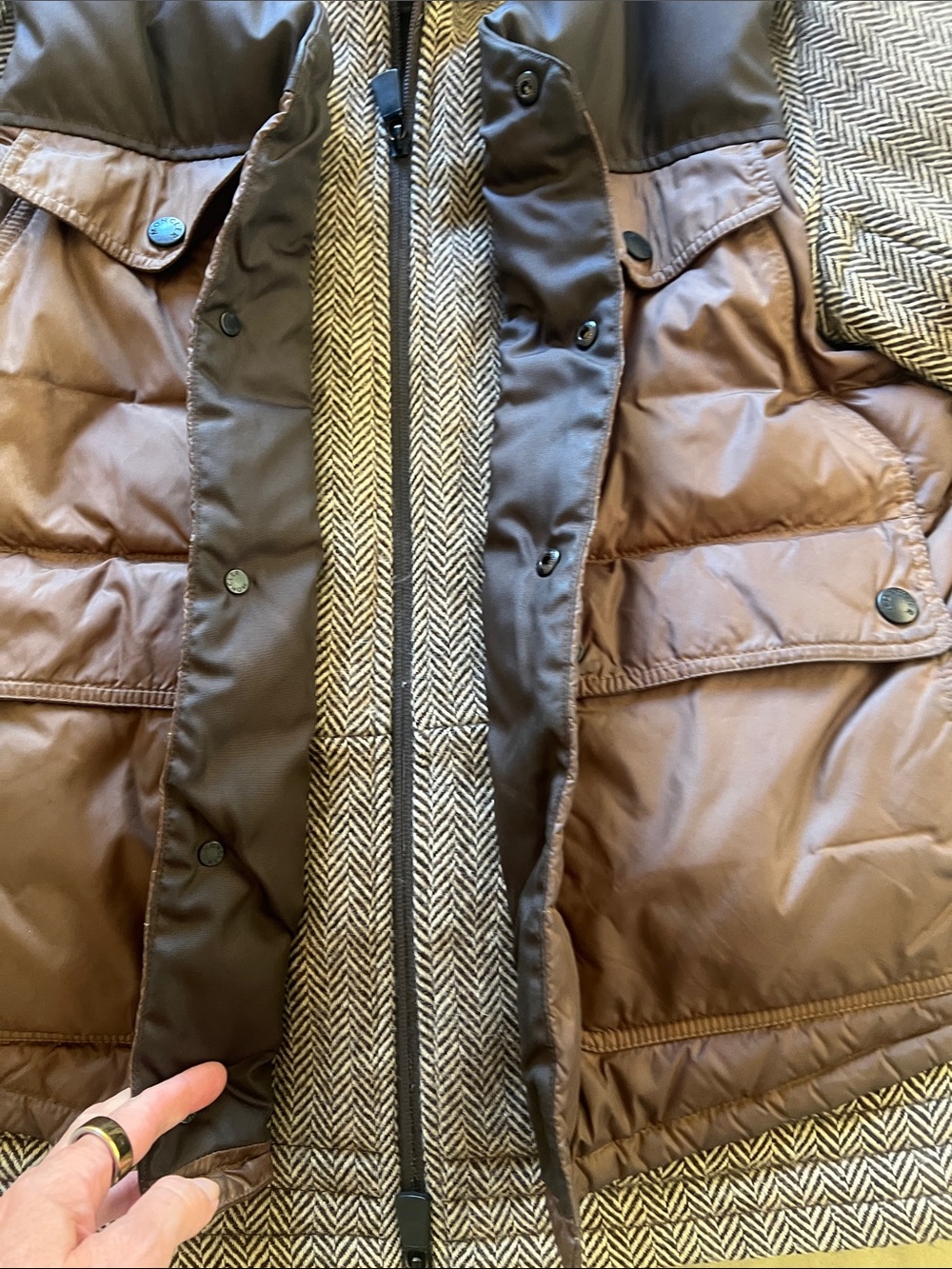 Moncler Brown Quilted & Herringbone Hooded Mixed-Material Jacket - Picture 7 of 8